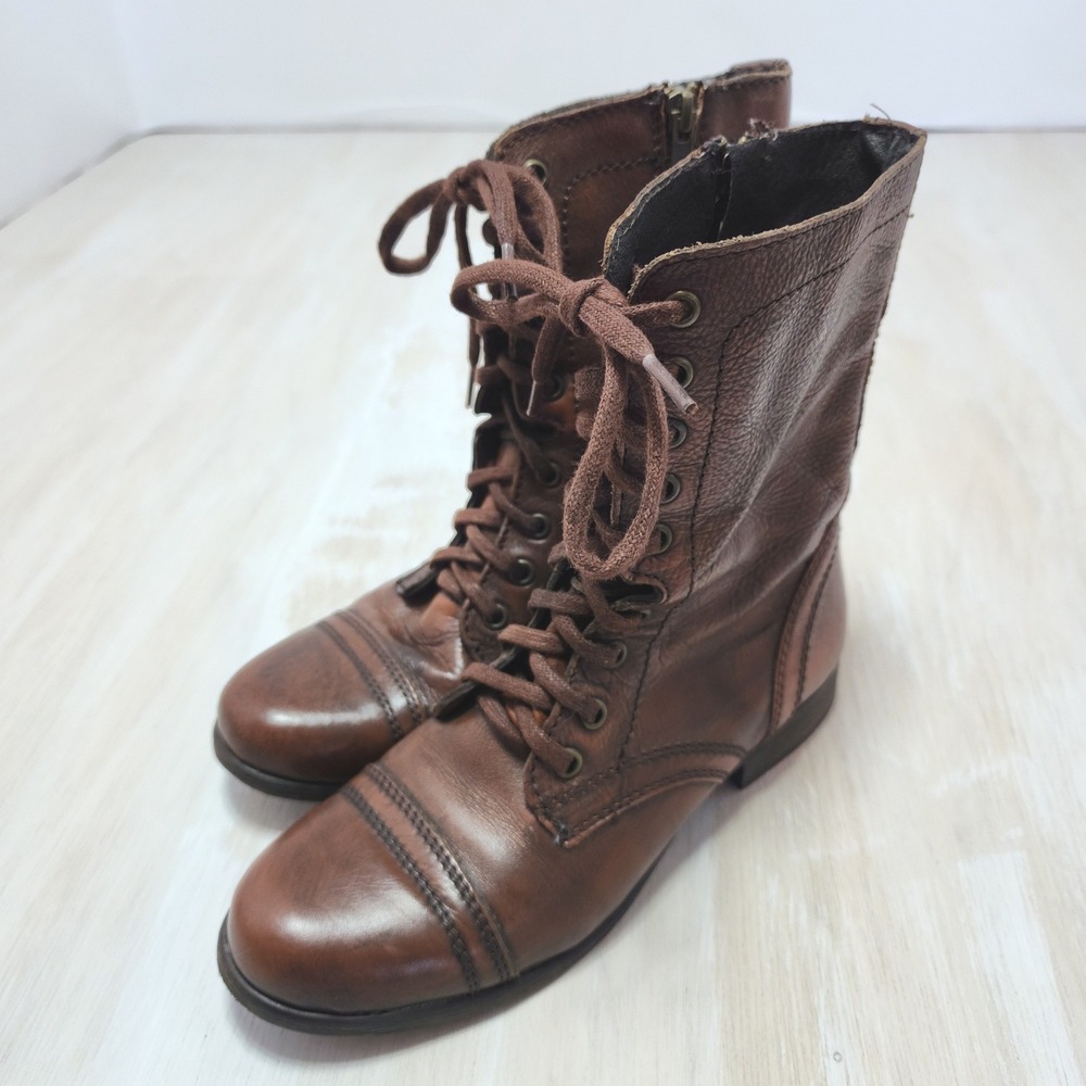 Steve Madden Troopa Brown Leather Lace Up Combat Boots Side Zip Womens 7.5M